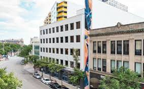 Commercial building with a painted mural, downtown Evanston, Illinois