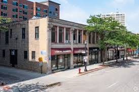 Brick corner commercial building in downtown Evanston, Illinois