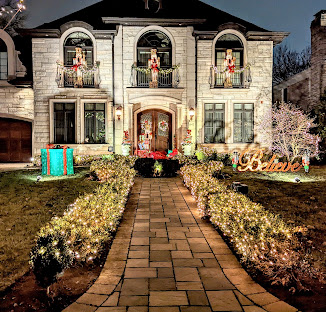 Suburban home decorated with holiday lights, Lincolnwood, Illinois