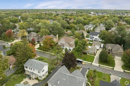 Aerial view of a tree-lined residential neighborhood, Northbrook, Illinois