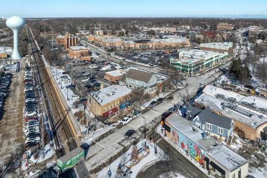 Aerial view of downtown Northbrook and the water tower, Illinois