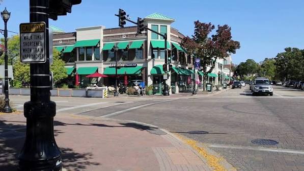 Downtown street corner with green awnings, Northbrook, Illinois