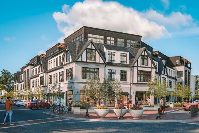 Tudor-style mixed-use building with ground-floor shops, Winnetka, Illinois