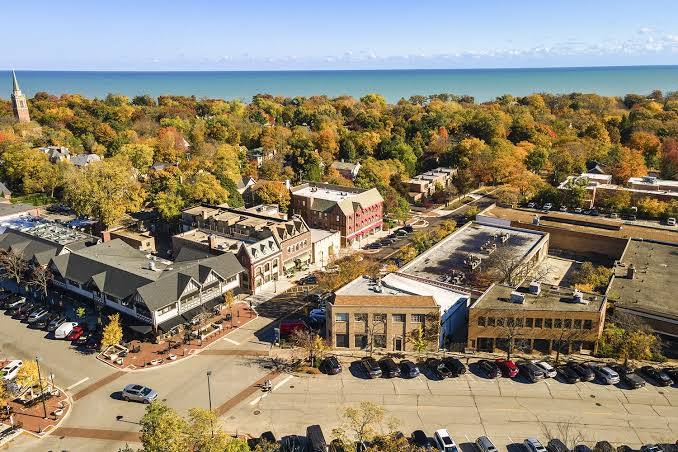 Aerial view of the lakefront and downtown, Winnetka, Illinois