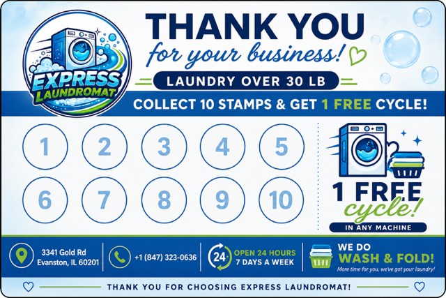 Express Laundromat loyalty card: collect 10 stamps on laundry over 30 lb and get one free cycle